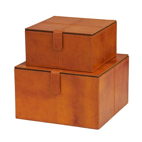 brown leather box on metal stand|Brown Leather Storage Box .